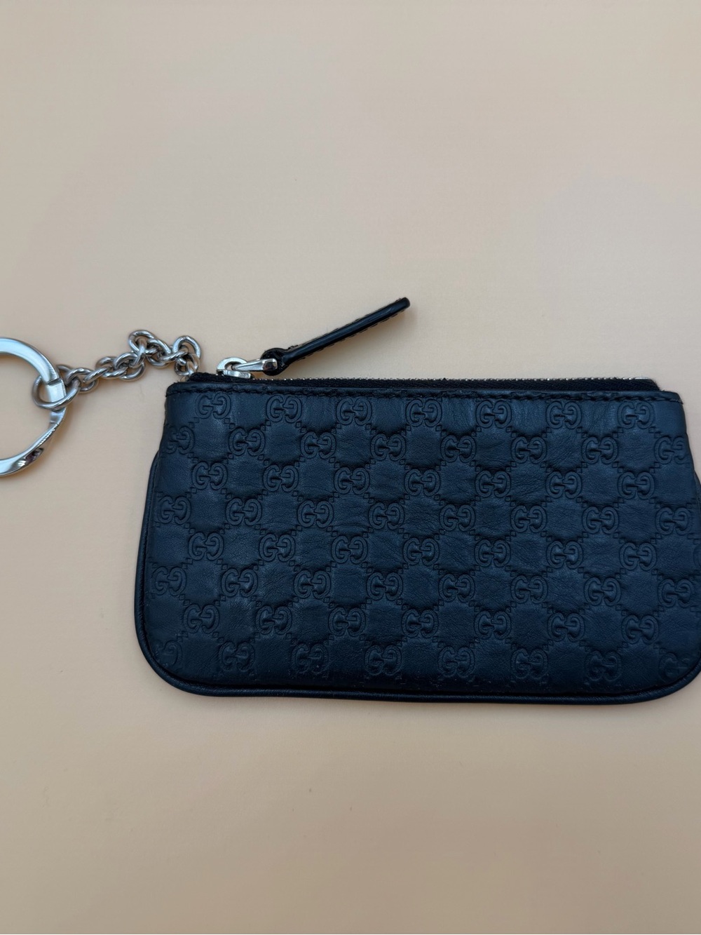 Gucci Black Embossed Leather Key Pouch with Chain